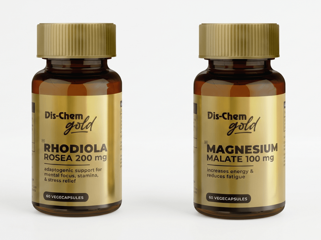 Two amber glass Dis-Chem Gold supplement bottles, featuring Rhodiola Rosea 200mg for stress relief and Magnesium Malate 100mg for energy and fatigue, each containing 60 vegecapsules.
